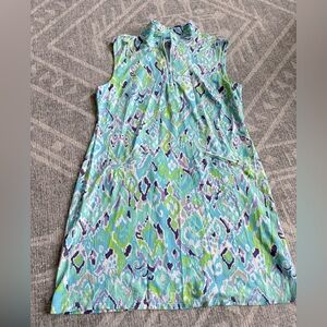 IBKUL Aqua Dress with Lime & Lavender Accents ikat design golf upf50 sleeveless